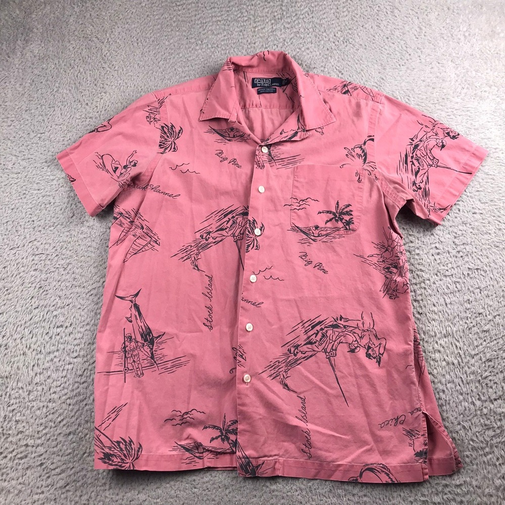 Polo Ralph Lauren Camp Collar Shirt Mens M Pink Vintage Caldwell Marlin Print
